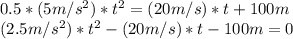 0.5*(5m/s^2)*t^2 = (20m/s)*t + 100m\\(2.5 m/s^2)*t^2 - (20m/s)*t - 100m = 0