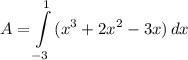 \displaystyle A = \int\limits^1_{-3} {(x^3 + 2x^2 - 3x)} \, dx