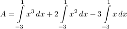 \displaystyle A = \int\limits^1_{-3} {x^3} \, dx + 2\int\limits^1_{-3} {x^2} \, dx - 3\int\limits^1_{-3} {x} \, dx