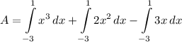 \displaystyle A = \int\limits^1_{-3} {x^3} \, dx + \int\limits^1_{-3} {2x^2} \, dx - \int\limits^1_{-3} {3x} \, dx