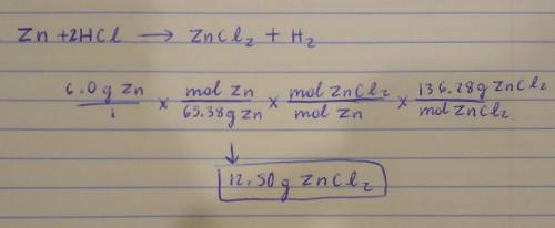 1. When 6.0 grams of zinc are dropped into excess hydrochloric acid, how many grams of zinc chloride