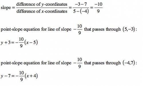 Write the point-slope form of an equation of the line through the points (-4, 7) and (5,-3).

0
A. Y