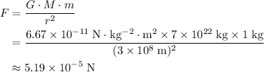 \begin{aligned} F &= \frac{G \cdot M \cdot m}{r^{2}} \\ &= \frac{6.67 \times 10^{-11}\; \rm N \cdot kg^{-2}\cdot m^{2} \times 7 \times 10^{22}\; \rm kg \times 1\; \rm kg}{(3 \times 10^{8}\; \rm m)^{2}} \\ &\approx 5.19 \times 10^{-5} \; \rm N\end{aligned}