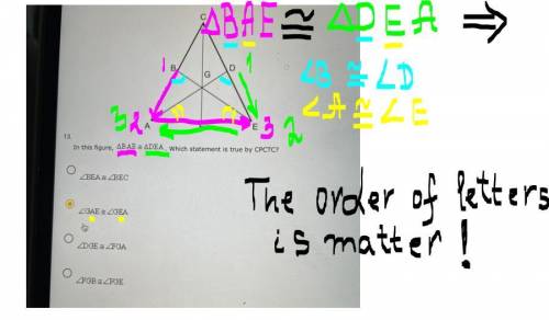 In this figure BAE = DEA. Which statement is true by CPCTC?

BEA=BEC
GAE=GFA
DGE=FGA
FGB=FGE