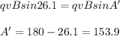 q v B sin 26.1 = q v B sin A'\\\\A' = 180 - 26.1 = 153.9