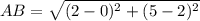 AB=\sqrt{(2-0)^2+(5-2)^2}