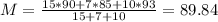 M = \frac{15*90 + 7*85 + 10*93}{15 + 7 + 10} = 89.84