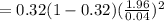 =0.32(1-0.32)(\frac{1.96}{0.04} )^2