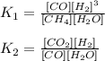 K_1=\frac{[CO][H_2]^3}{[CH_4][H_2O]} \\\\K_2=\frac{[CO_2][H_2]}{[CO][H_2O]}