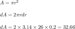 A = \pi r^2\\\\dA = 2\pi r dr\\\\dA = 2 \times 3.14\times 26\times 0.2= 32.66