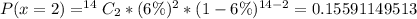 P(x=2 ) = ^{14}C_2 * (6\%)^2 * (1 - 6\%)^{14-2} = 0.15591149513