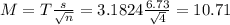 M = T\frac{s}{\sqrt{n}} = 3.1824\frac{6.73}{\sqrt{4}} = 10.71