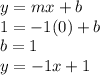 y=mx+b\\1=-1(0)+b\\b=1\\y=-1x+1