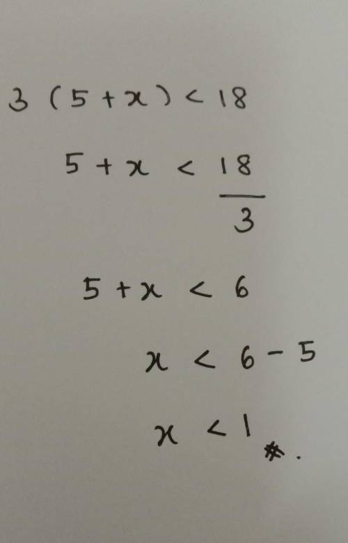 ​Solve the solution to the inequality:

3(5 + ​x​) < 18
PLZ ANSWER ACCURATELY AND QUICKLY WILL MA
