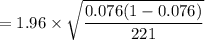 $=1.96 \times  \sqrt{\frac{0.076(1-0.076)}{221}}$