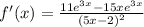 f'(x)=\frac{11e^{3x}-15xe^{3x}}{(5x-2)^2}