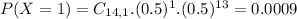 P(X = 1) = C_{14,1}.(0.5)^{1}.(0.5)^{13} = 0.0009