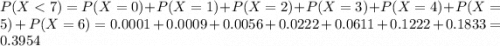 P(X < 7) = P(X = 0) + P(X = 1) + P(X = 2) + P(X = 3) + P(X = 4) + P(X = 5) + P(X = 6) = 0.0001 + 0.0009 + 0.0056 + 0.0222 + 0.0611 + 0.1222 + 0.1833 = 0.3954