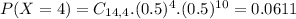 P(X = 4) = C_{14,4}.(0.5)^{4}.(0.5)^{10} = 0.0611
