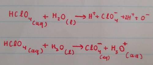 Write an equation to show how perchloric acid, HClO4, reacts with water. Include states of matter in