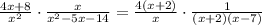 \frac{4x + 8}{x^2} \cdot \frac{x}{x^2 - 5x - 14} = \frac{4(x + 2)}{x} \cdot \frac{1}{(x + 2)(x - 7)}