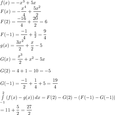 f(x)=-x^3+5x\\F(x)=-\dfrac{x^4}{4} +\dfrac{5x^2}{2} \\F(2)=\dfrac{-16}{4}+\dfrac{20}{2}  =6\\\\F(-1)=\dfrac{-1}{4} +\frac{5}{2} =\dfrac{9}{4} \\g(x)=\dfrac{3x^2}{2}+\dfrac{x}{2}-5\\\\G(x)=\dfrac{x^3}{2}   +x^2-5x\\\\G(2)=4+1-10=-5\\\\G(-1)=\dfrac{-1}{2} +\dfrac{1}{4} +5=\dfrac{19}{4} \\\\\int\limits^2_{-1} {(f(x)-g(x))} \, dx =F(2)-G(2)-(F(-1)-G(-1))\\\\=11+\dfrac{5}{2} =\dfrac{27}{2}