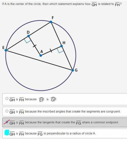 HELP

If A is the center of the circle, then which statement explains how segment GH is related to s