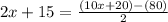 2x+15=\frac{(10x+20)-(80)}{2}