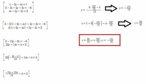 Solve this system of equations with matrices. x – 5y – 4z = 15 -3x +2y + 3z = -6 4x + 8y – 2z = 3