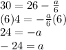 30=26-\frac{a}{6}\\(6)4=-\frac{a}{6}(6)\\24=-a\\-24=a