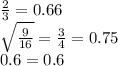 \frac{2}{3}  = 0.66 \\  \sqrt{ \frac{9}{16} }   =   \frac{3}{4}  = 0.75 \\ 0.6 = 0.6