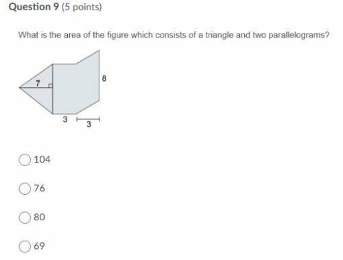 What is the area of the figure which consists of a triangle and two parallelogram? 104 76 80 69