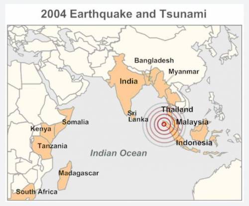 Look at the map below that shows the location of the 2004 earthquake in Indonesia that caused a tsun