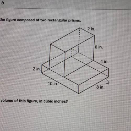 Consider the figure composed of two rectangular prisms. What is the volume of this figure in cubic i