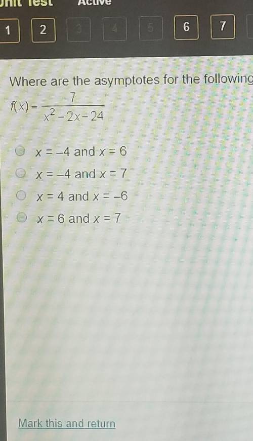 Where are the asympototes for the following function located? f(x)=7/x^2-2x-24