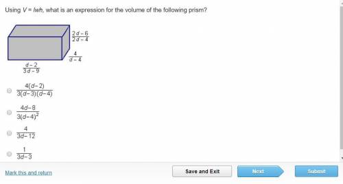 Using V = lwh, what is an expression for the volume of the following prism? The dimensions of a pris