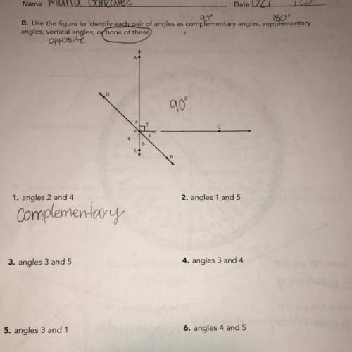 B. Use the figure to identify each pair of angles as complementary angles, supplementary angles, ver