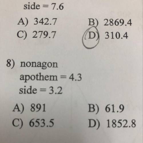 Nonagon apothem = 4.3 side = 3.2