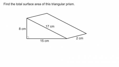 Find the total surface area of this triangular prism 8cm 2cm 17cm 15cm