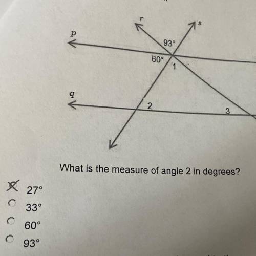 23. Lines p and q are parallel. What is the measure of angle 2 in degrees? 27 33 60 93