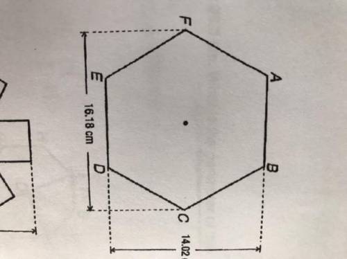 Determine the area and the perimeter of the regular hexagon shown at right, using the given informat