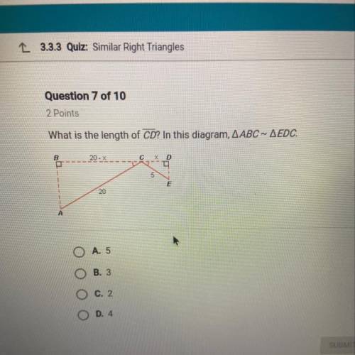 L 3.3.3 Quiz: Similar Right Triangles --- Question 7 of 10 2 Points What is the length of CD? In thi