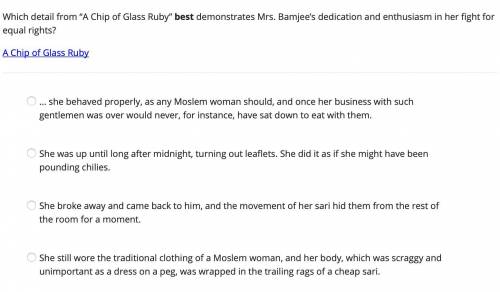 6) Please help, which detail from “A Chip of Glass Ruby” best demonstrates Mrs. Bamjee’s dedication