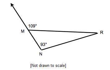 Triangle M R N. Angle N is 98 degrees. Side N M extends to form exterior angle with a measure of 109