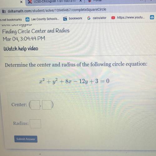 Determine the center and radius of the following circle equation: 22 + y2 + 8x – 12y + 3 = 0 Please