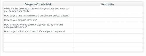 Describe your study habits in terms of each category listed below. Add other categories as needed.