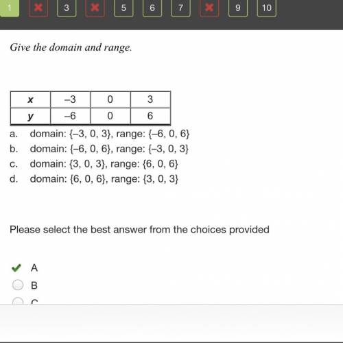 Give the domain and range. x –3 0 3 y –6 0 6 a. domain: {–3, 0, 3}, range: {–6, 0, 6} b. domain: {–6