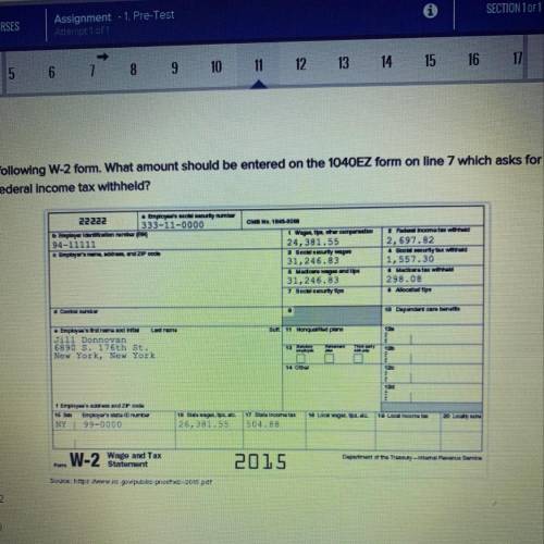 Look at the following W-2 form. What amount should be entered on the 1040EZ form on line 7 which ask