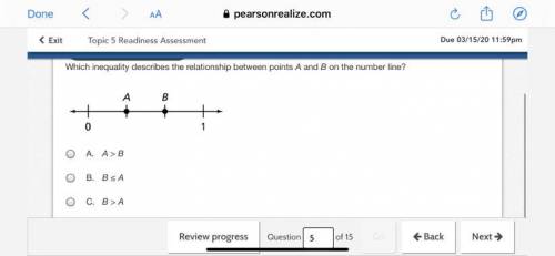 Which inequality describes the relationship between points A and B on the number line? A.) A>B ,
