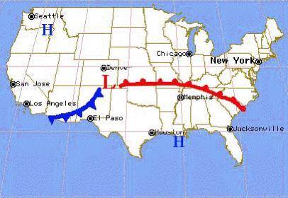 According to the weather map seen here, we could expect weather conditions in Memphis to include A)